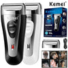A pair of Kemei electric shavers, including a body shaver and a shaver head, displayed on a white background.