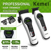 A white Kemei hair trimmer is shown with accessories and specifications for professional grooming.