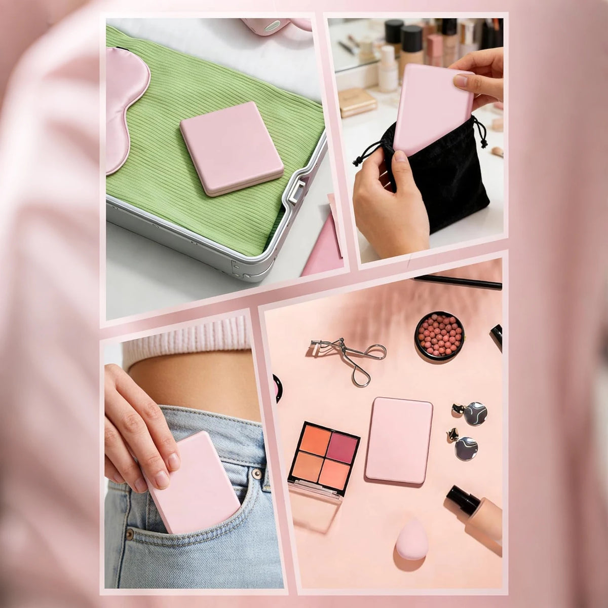 Collection de miroirs et accessoires de maquillage roses et verts, y compris un miroir rectangulaire et un petit objet rose.