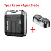 A black electric shaver and a replacement blade are shown next to each other.