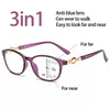 Purple anti-blue lens progressive multifocal reading glasses designed for both far and near vision.
