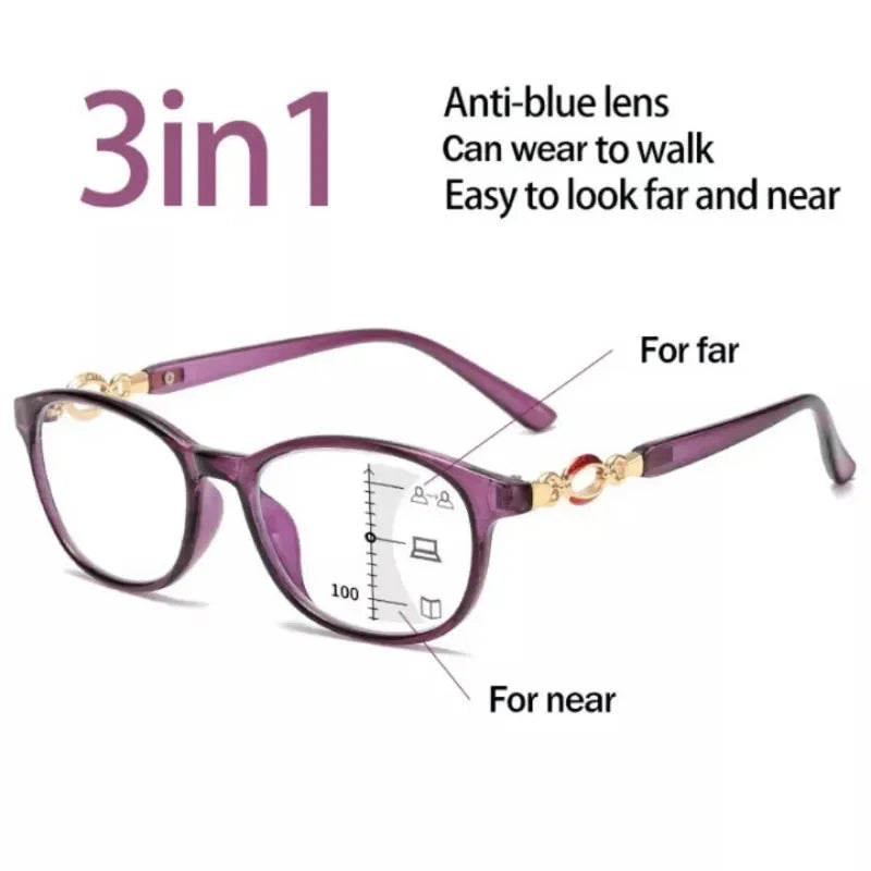 Purple anti-blue lens progressive multifocal reading glasses designed for both far and near vision.
