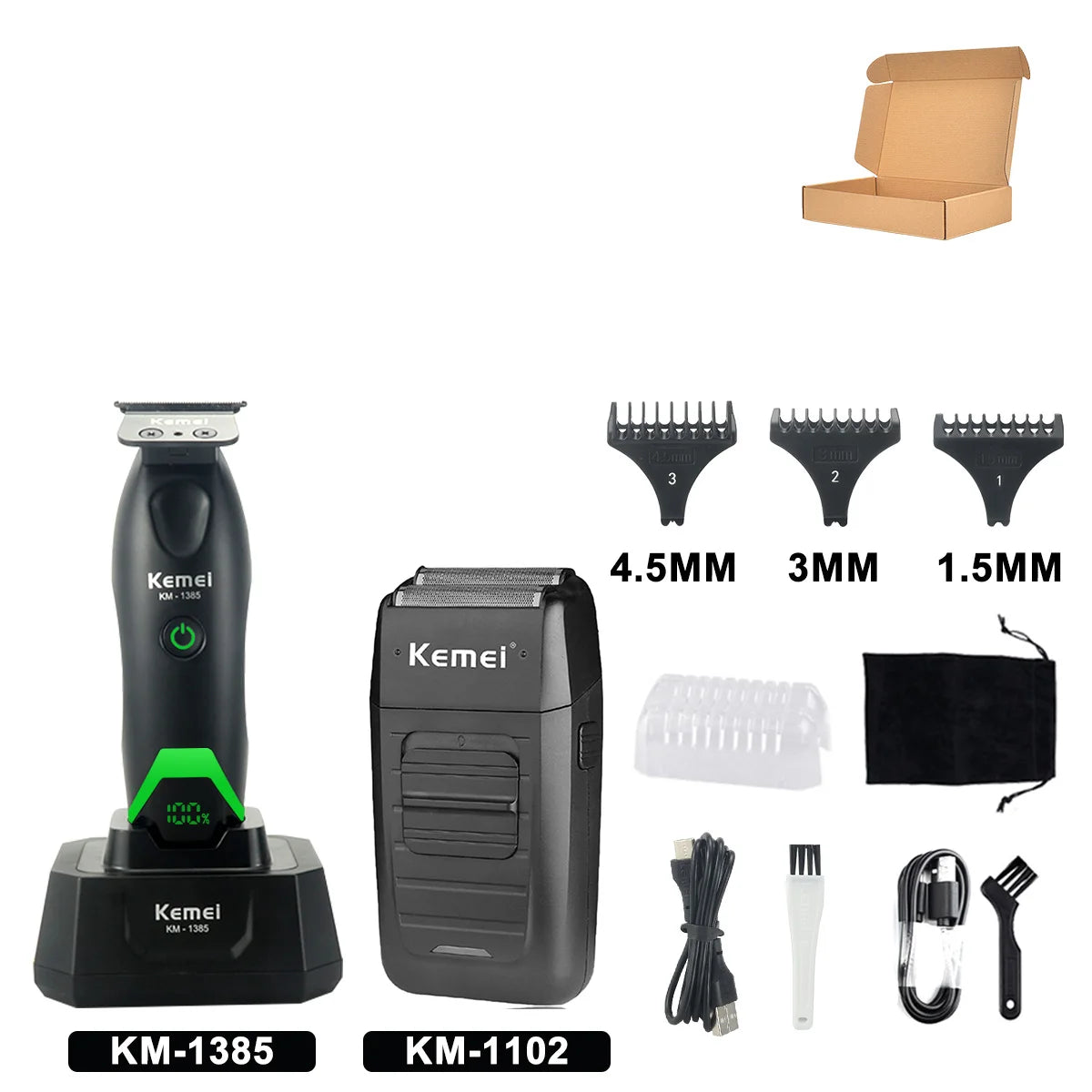 A set of Kemel electric hair trimmers including a handheld unit, a body-shaped trimmer, and various guard attachments.