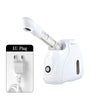 A white hot mist facial steamer with an EU plug shown next to the device.