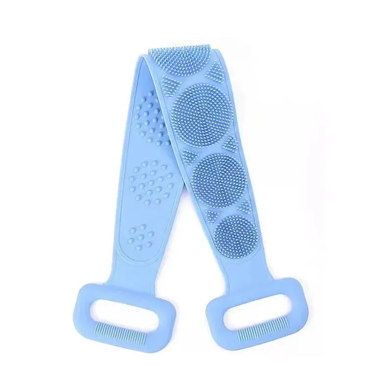 A pair of light blue silicone body scrubbers with textured bristles for massage and cleaning.