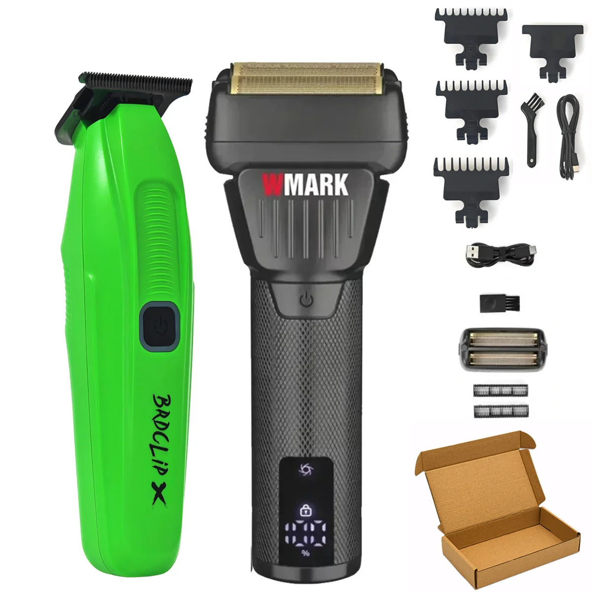A green electric hair clipper with a black body and gold accents, shown next to its components and packaging.