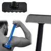 A manual back hair shaver with a black body and blue handle is shown being used on the skin.
