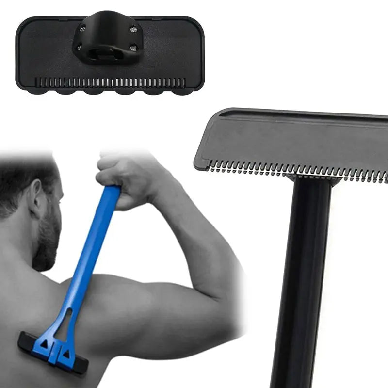 A manual back hair shaver with a black body and blue handle is shown being used on the skin.