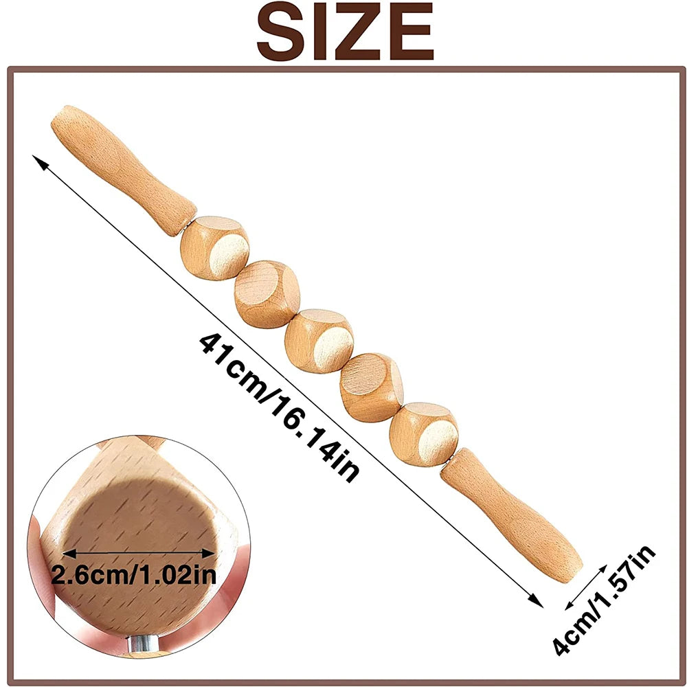 A natural wood gua sha roller shown with various sizes and a close-up of the tip.