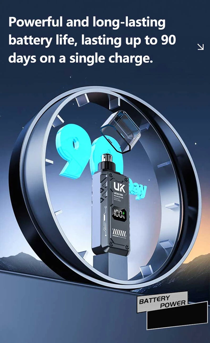 A close-up view of a black electric trimmer device with a battery indicator showing 100% charge, set against a dark backgroun