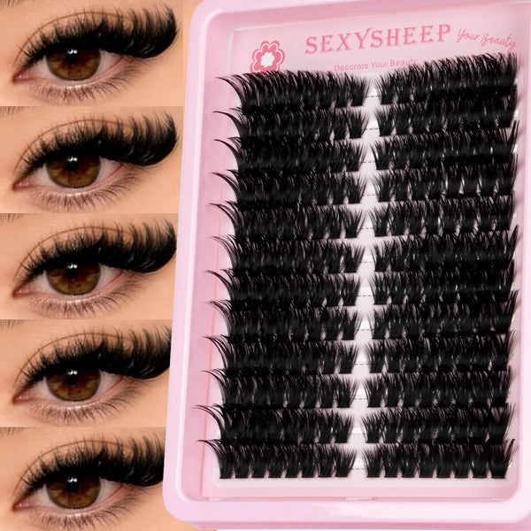 A pink tray of DIY natural wispy lash clusters with soft thin bands for decorating beauty looks.
