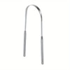 A stainless steel tongue scraper with a handle and a textured cleaning end.