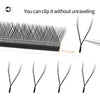 A close-up view of black eyelash extensions showing the tips and full lash strip, demonstrating how to clip without unravelin