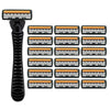 A set of ten black and orange 3-layer stainless steel manual razors for men.