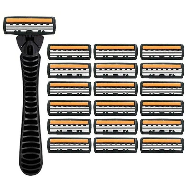 A set of ten black and orange 3-layer stainless steel manual razors for men.