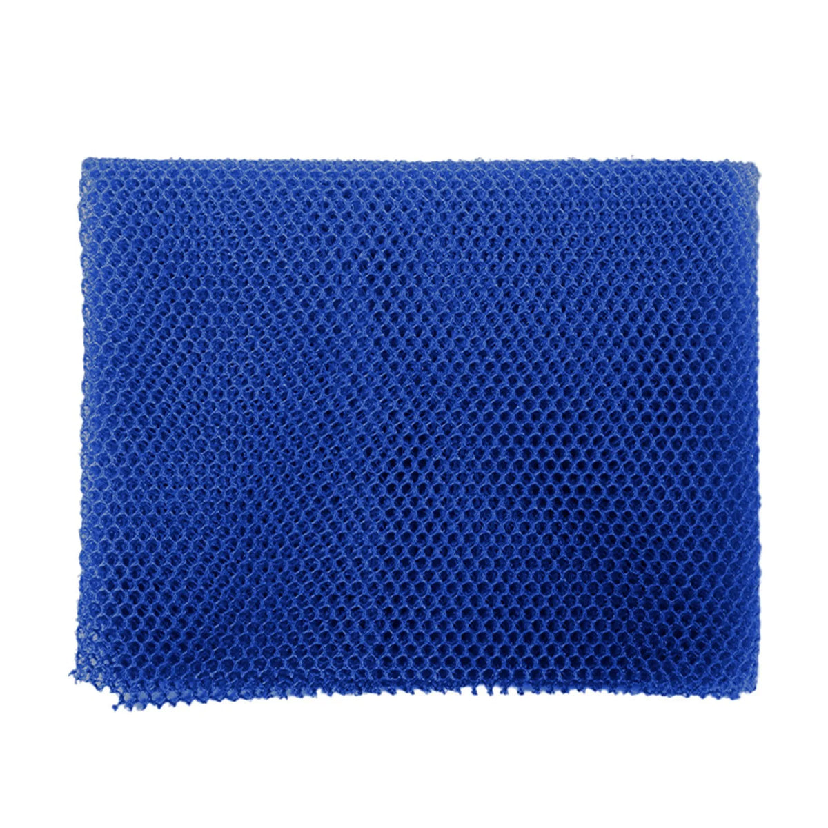 A rectangular blue reusable exfoliating bath sponge washcloth made of mesh material.