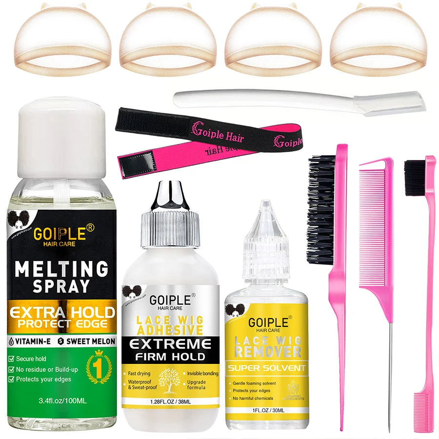 Kit de soins capillaires Goiple montrant divers produits, incluant spray fondant, adhésif et outils de retrait