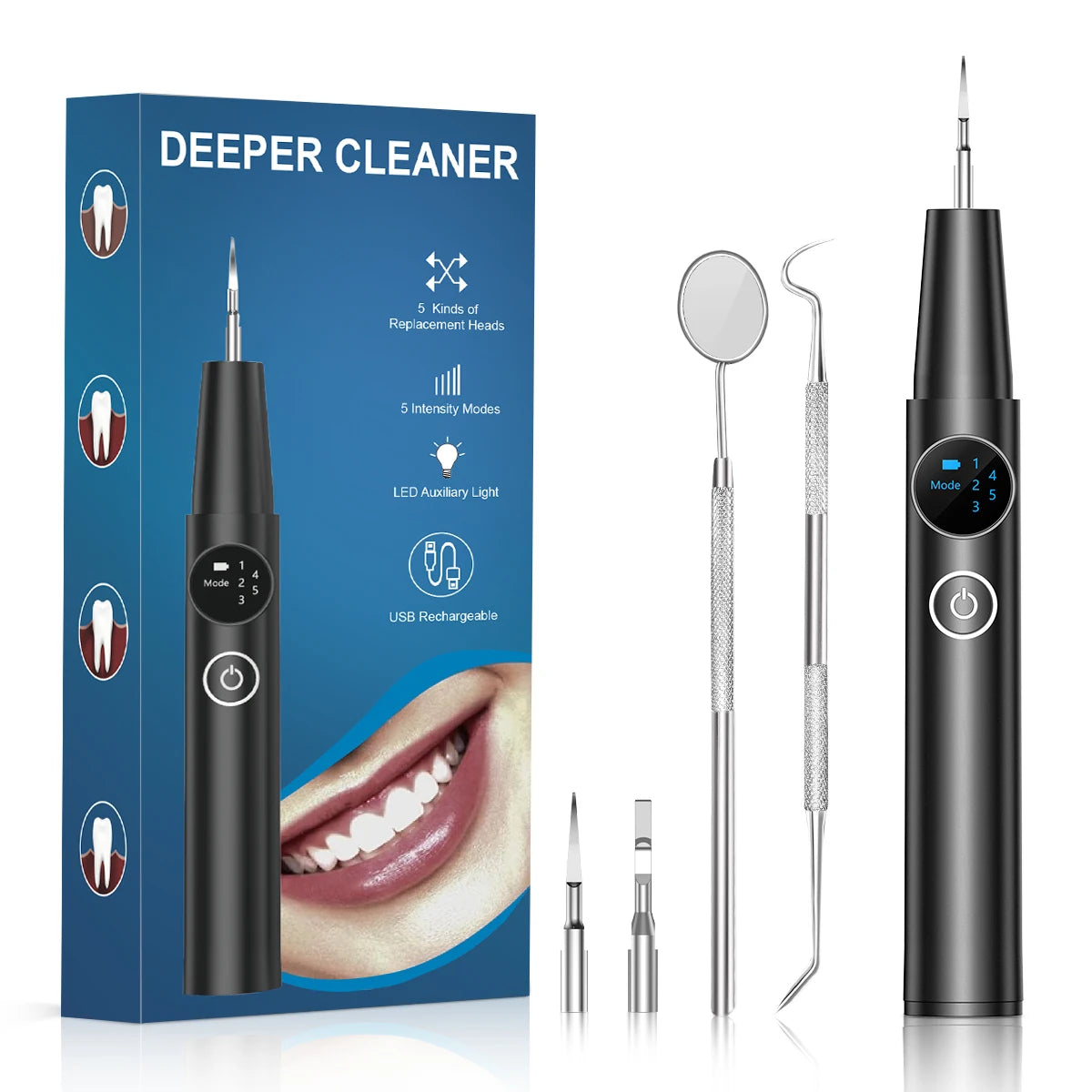 A black professional ultrasonic dental cleaning kit box and various replacement heads shown next to the device.