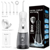 A black and white digital display water flosser device with accessories shown next to its packaging.