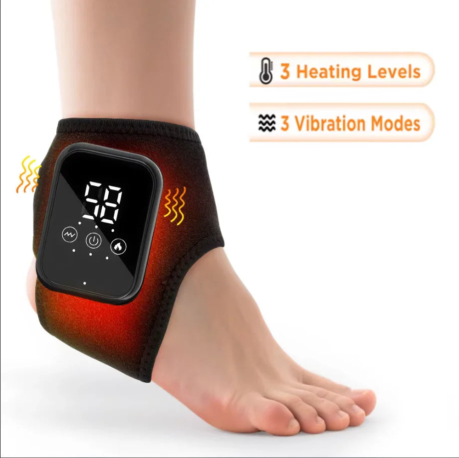 A black heating and massage wrist brace is shown on a person's ankle, featuring three heating levels and vibration modes.