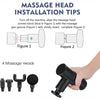 Installationsanleitung für einen Massagekopf auf einer tragbaren Deep-Tissue-Massagepistole, mit Schritten und vier Massagekö