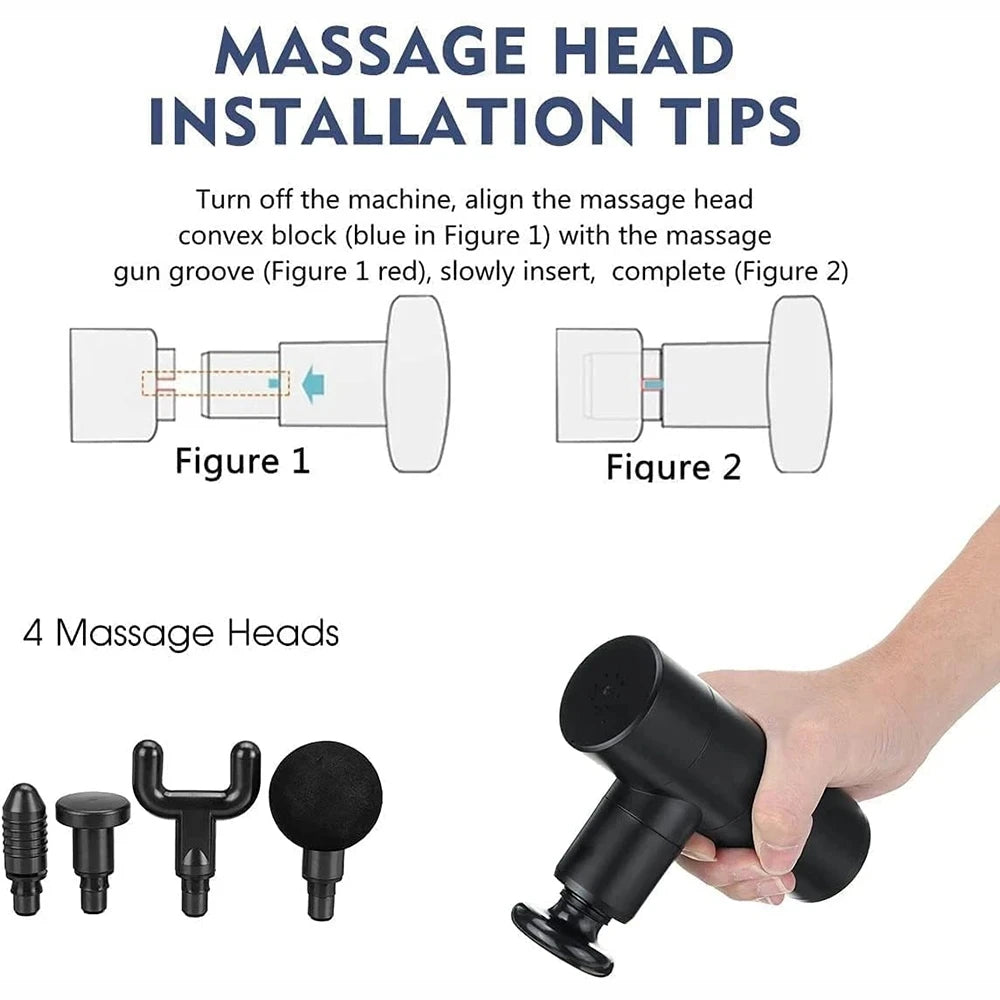 Installationsanleitung für einen Massagekopf auf einer tragbaren Deep-Tissue-Massagepistole, mit Schritten und vier Massagekö