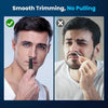 Comparison showing smooth trimming without pulling versus a painful experience with a facial hair trimmer.