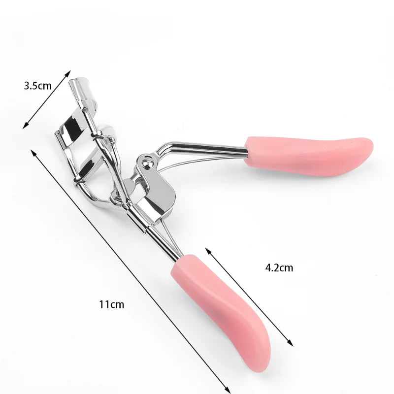 A pink pro makeup eyelash curler tool shown with dimensions.
