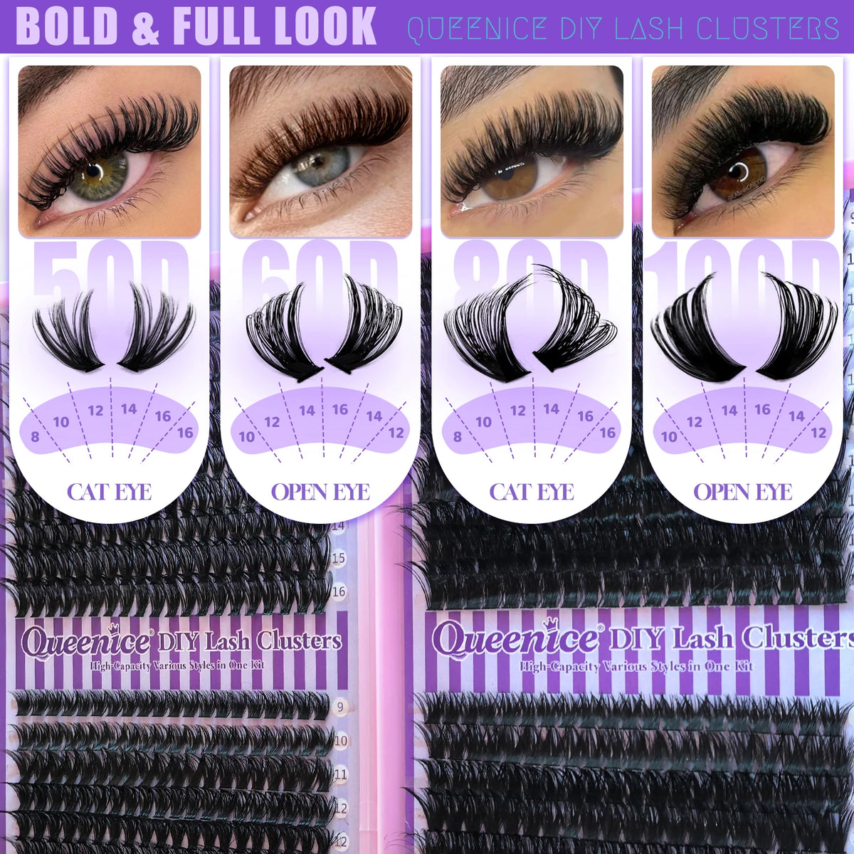 Présentation de clusters de cils Queenice DIY audacieux et complets dans diverses longueurs et styles.