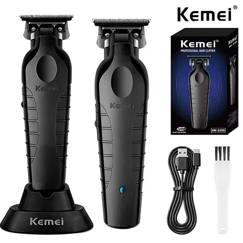 Black Kemei professional electric hair clipper trimmer with charging cable and replacement guards