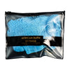 A black pouch containing a blue reusable African bath sponge.