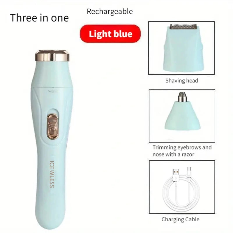 A light blue rechargeable 3-in-1 multi-functional grooming device showing the main unit and its components.