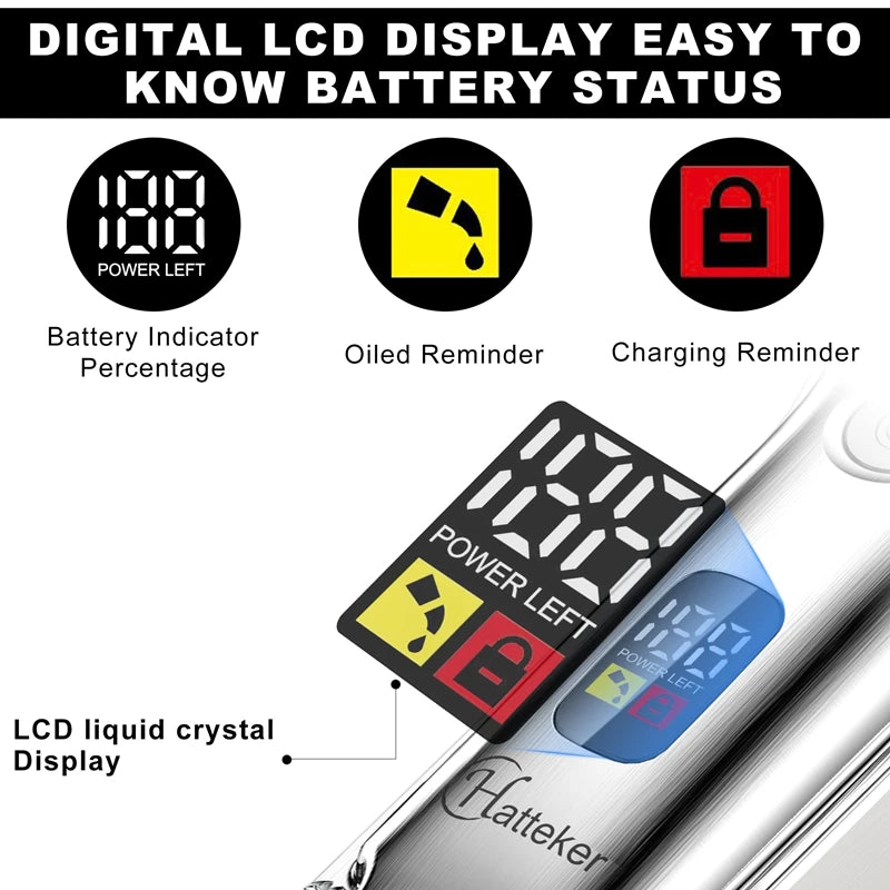 Digitales LCD-Display eines kabellosen Trimmers, das Batteriezustandsanzeigen für Leistung, Öl und Aufladen zeigt.