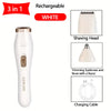 White rechargeable 3 in 1 electric shaver with shaving head, trimming tool, and charging cable.