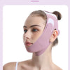 A woman is shown wearing a light pink adjustable facial lifting strap for contour definition on her face.