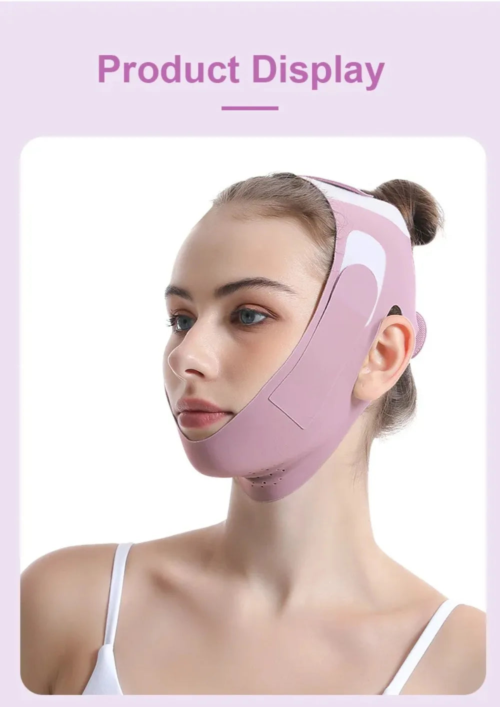 A woman is shown wearing a light pink adjustable facial lifting strap for contour definition on her face.