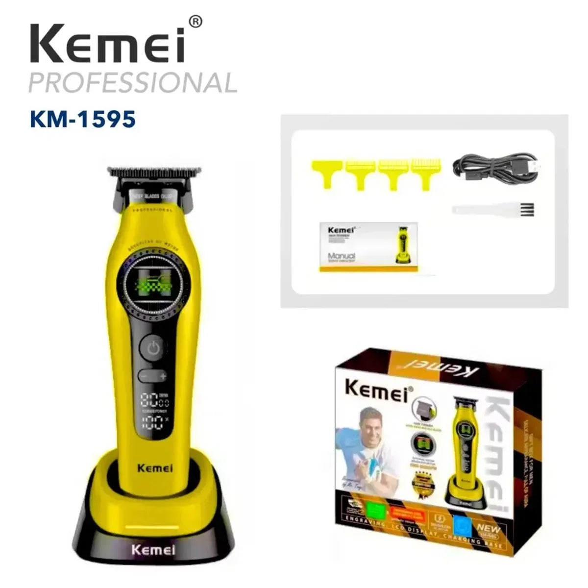 Yellow Kemei professional rechargeable hair clipper and trimmer set with black cord