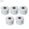Three rolls of white professional hair dressing collars with blue accents.