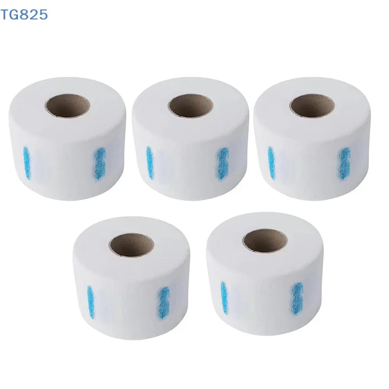 Three rolls of white professional hair dressing collars with blue accents.