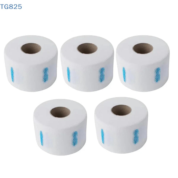 Three rolls of white professional hair dressing collars with blue accents.