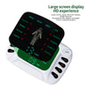 A white muscle stimulator device with a large black screen displaying time and mode options.