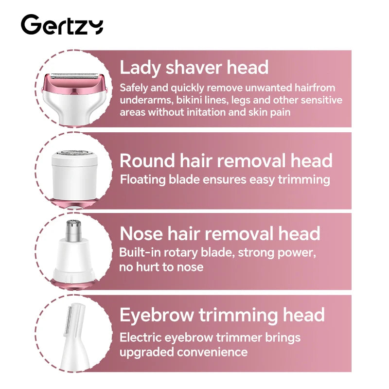A collection of four different shaver heads for a 4-in-1 electric shaver, including a lady shaver head, round hair removal he