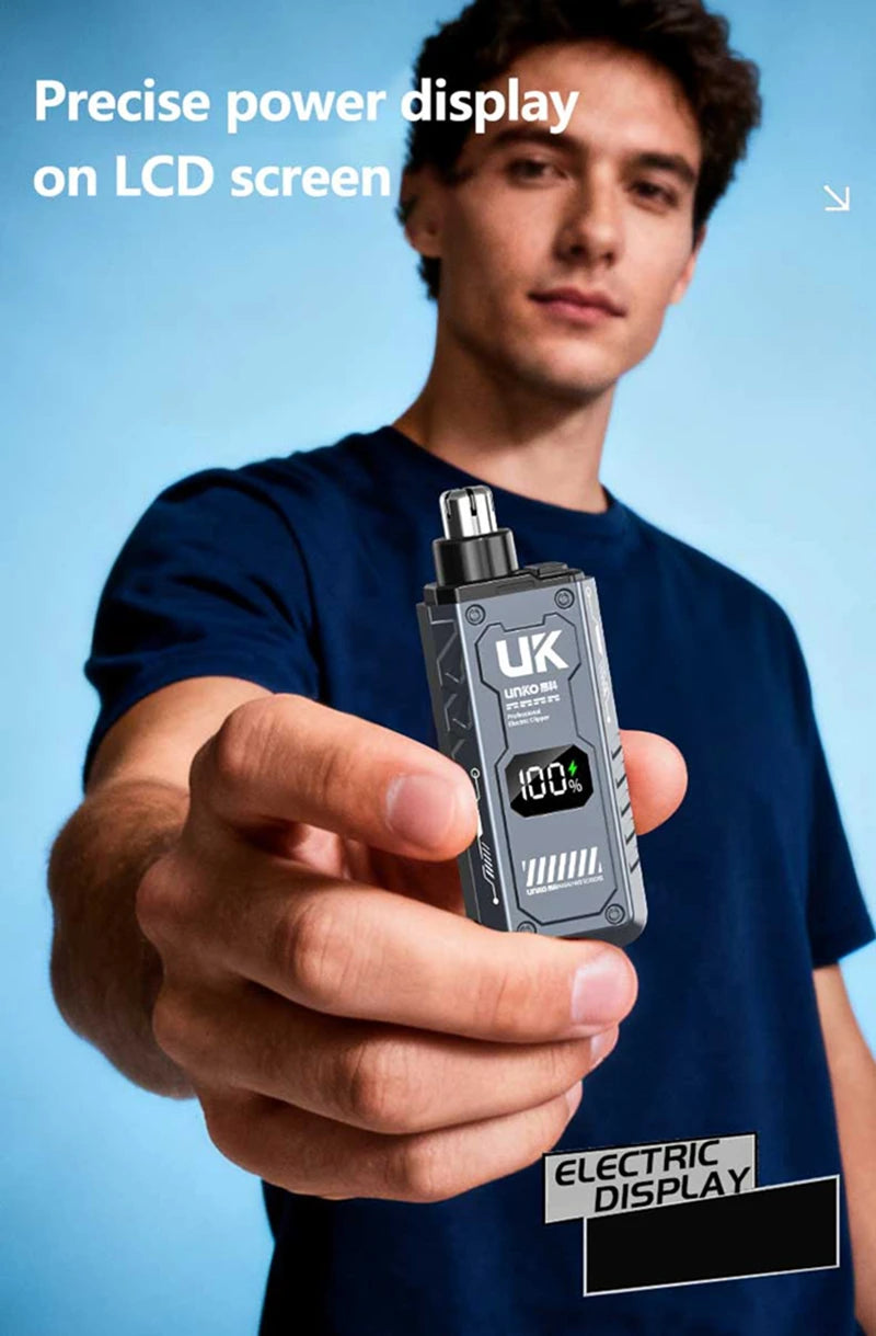 A hand holds a UK electric display device against a blue background.
