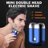 A man is using a mini double head electric shave device on his face, with the product shown separately.