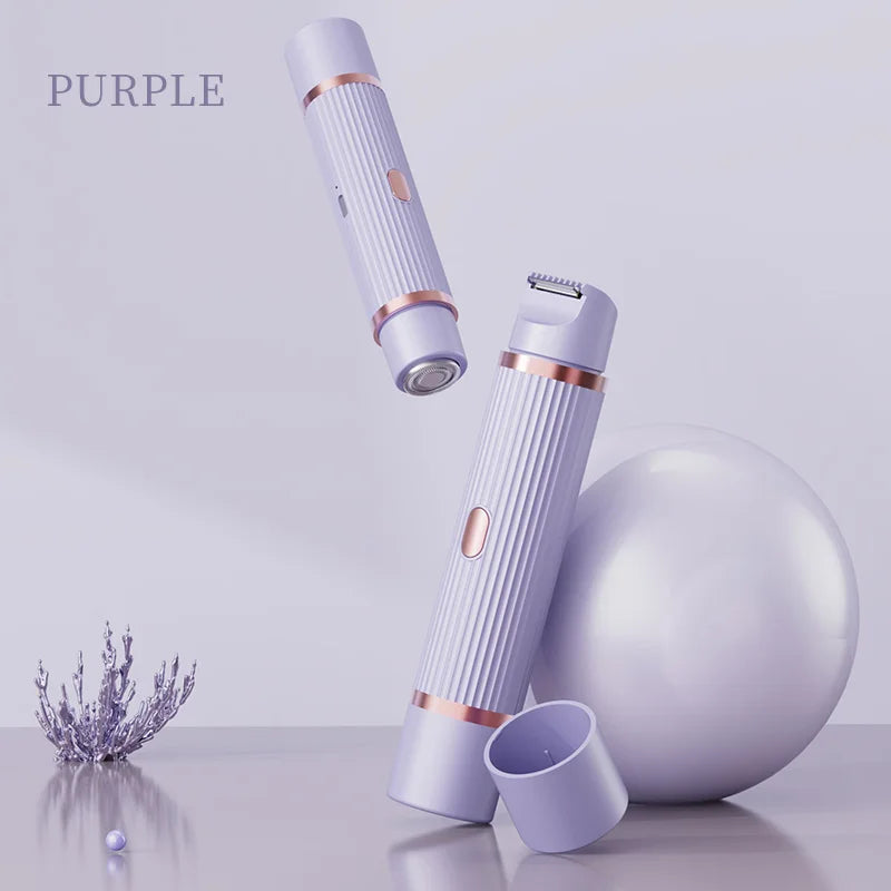 A purple electric body and hair removal razor is shown next to a spherical object on a light surface.