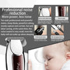 A professional electric hair trimmer with a carbon steel cutter head is shown next to a baby's face.