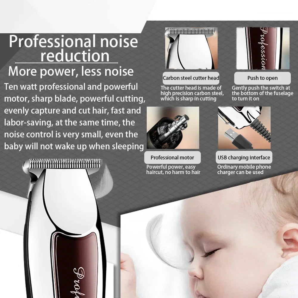 A professional electric hair trimmer with a carbon steel cutter head is shown next to a baby's face.
