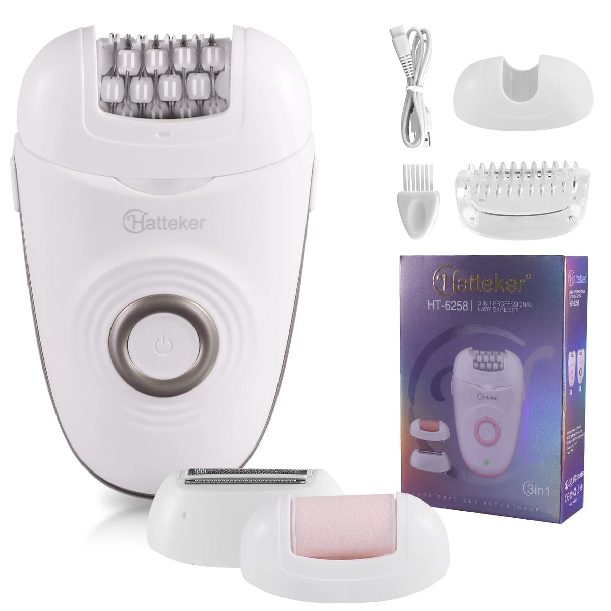 A white Handheld body and facial hair remover device shown with various attachments and packaging.