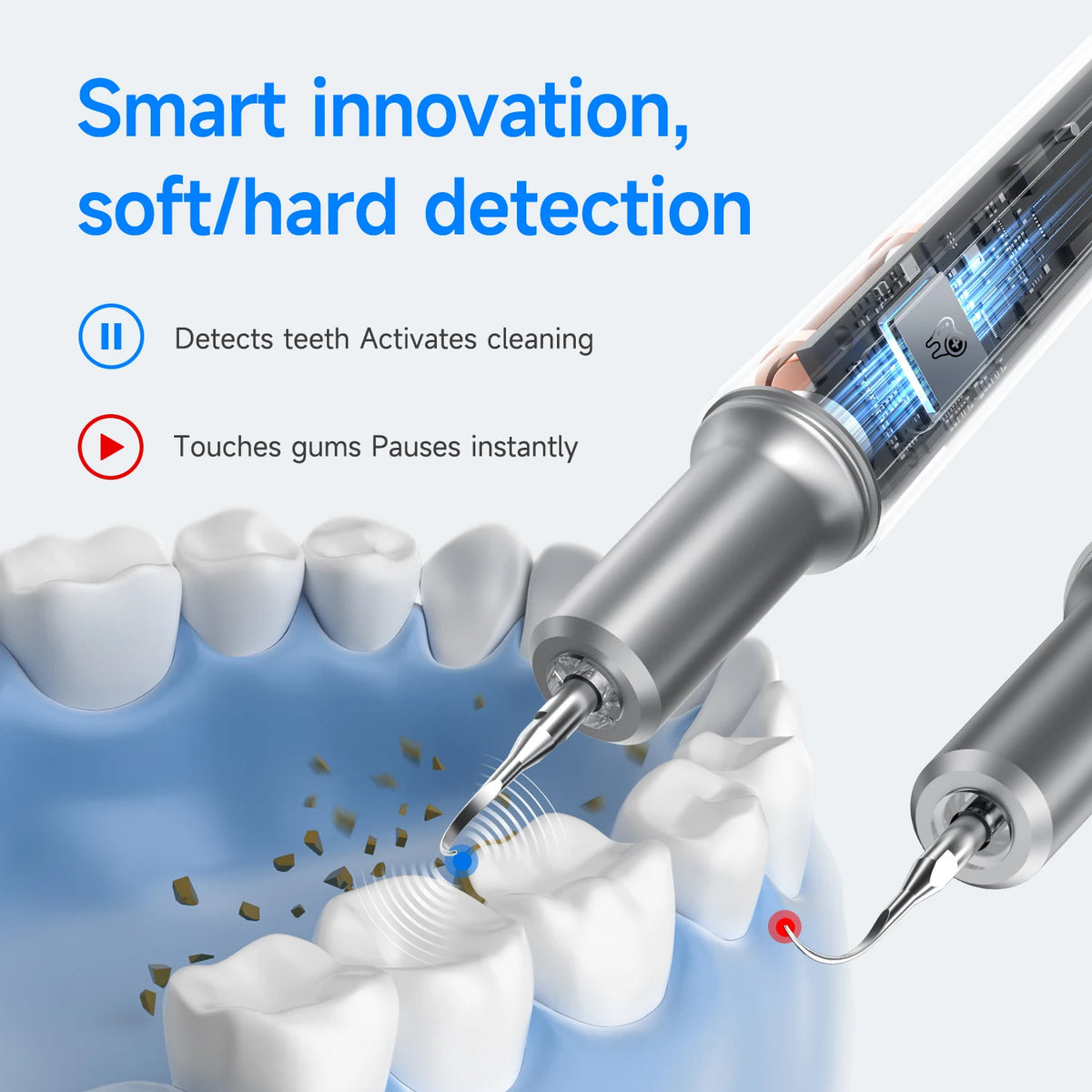 An ultrasonic electric dental cleaner tip is shown cleaning teeth, demonstrating soft/hard detection and instant gum pausing.