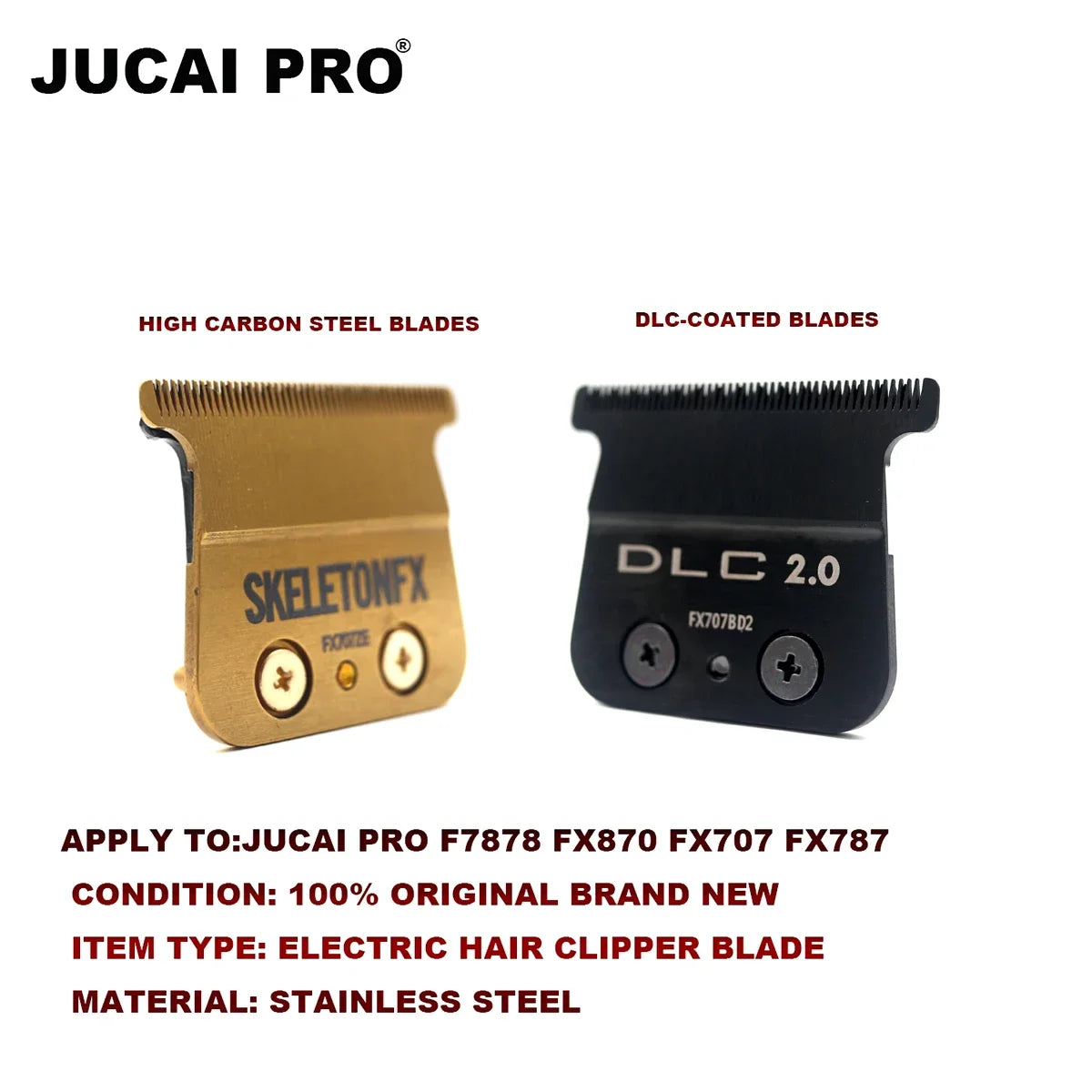 Two electric hair clipper blades, high carbon steel and DLC coated, for Jucai Pro models.
